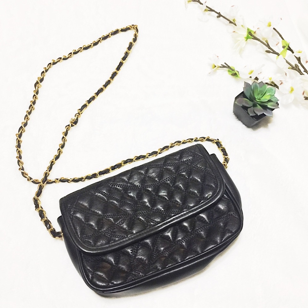 ROCKER CHIC Black Quilted Shoulder Bag w/Braided Gold Chain Link Strap